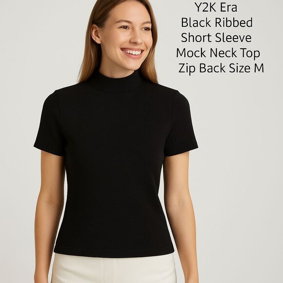 VALERIE STEVENS Y2K Era Black Ribbed Short Sleeve Mock Neck Top Size M - Picture 1 of 8